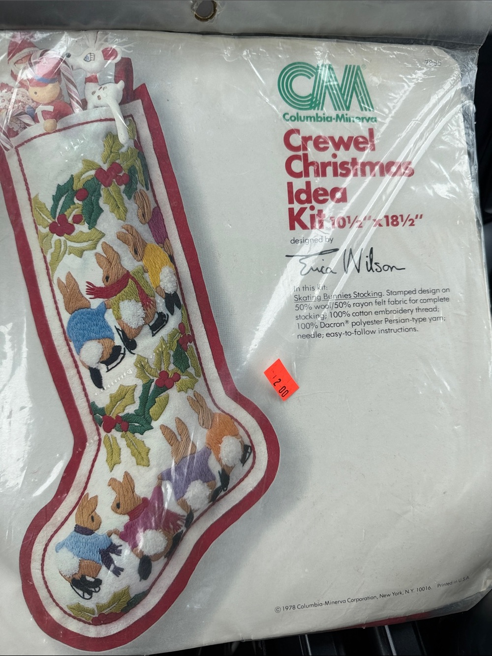 Columbia-Minerva Crewel Christmas Stocking Kit - Skating Bunnies